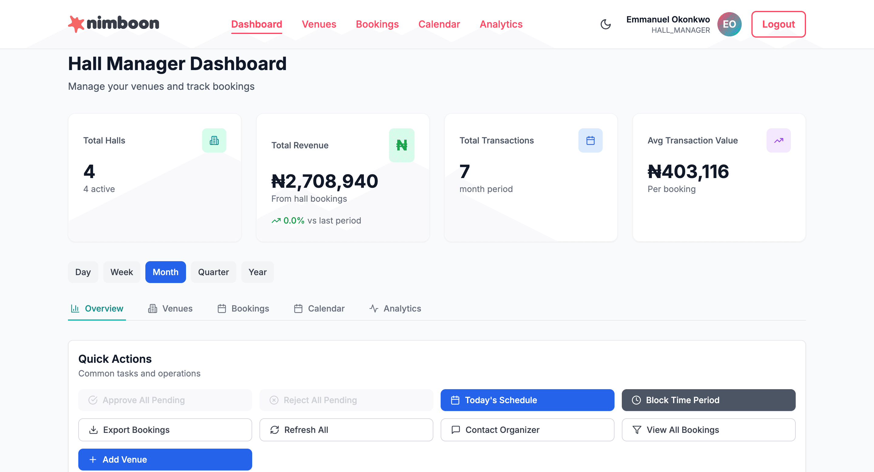 Nimboon Hall Manager Dashboard showing venue management, bookings, and analytics