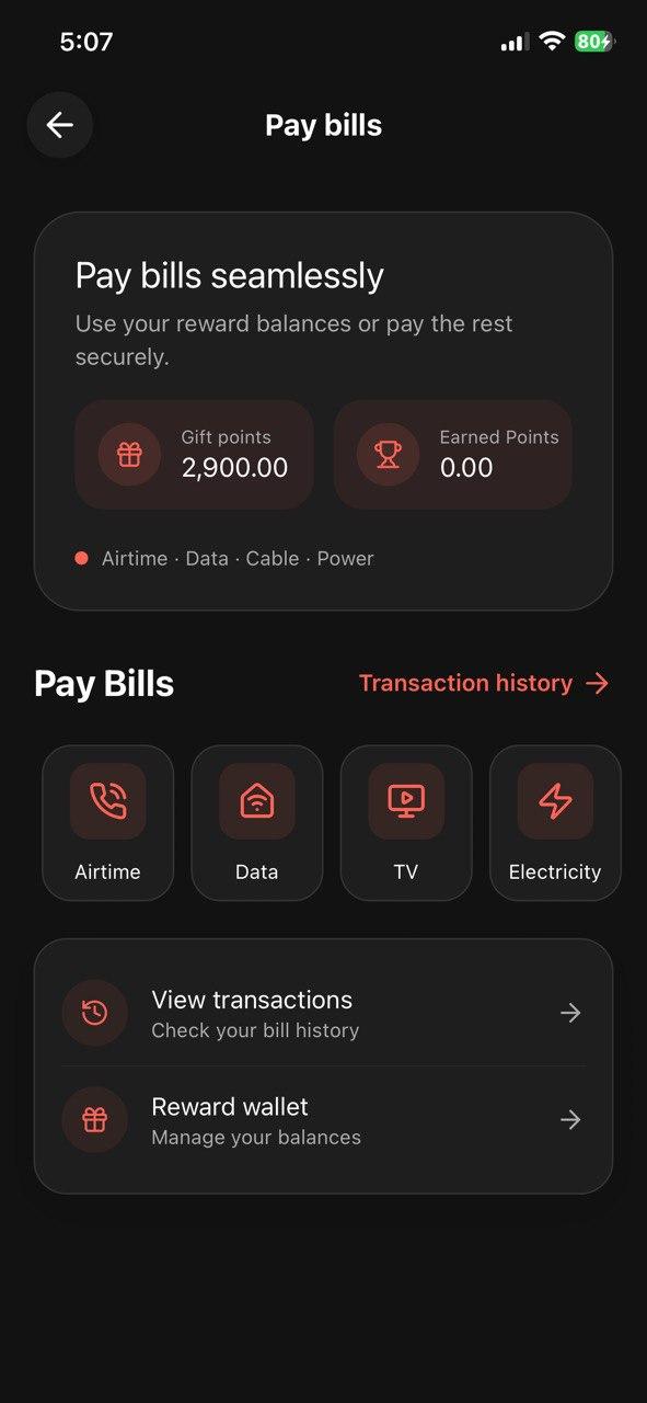 Nimboon mobile app bills payment screen showing reward balances and bill categories