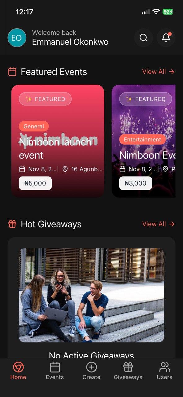 Nimboon mobile app home screen showing featured events and giveaways