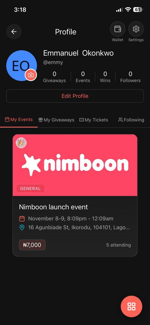 Nimboon mobile app profile screen showing user events and tickets