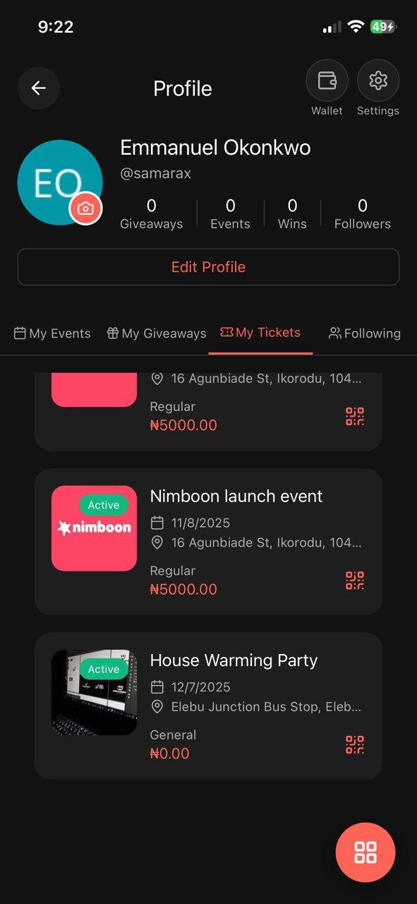 Nimboon mobile app showing ticket management interface with event tickets, QR codes, and profile information